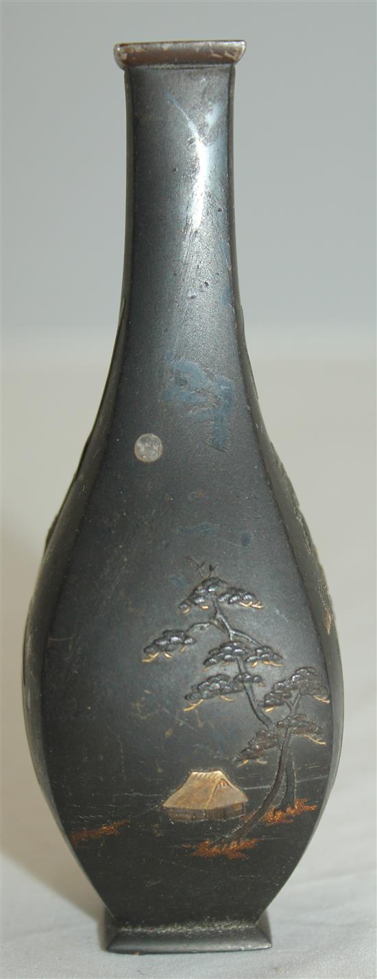 A small Japanese bronze and mixed metal square baluster vase, 10.7cm